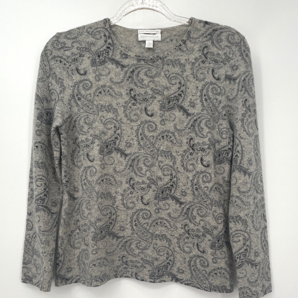 Charter Club Womens Grey Paisley 100% Cashmere 2-Ply Crew Neck Sweater Large